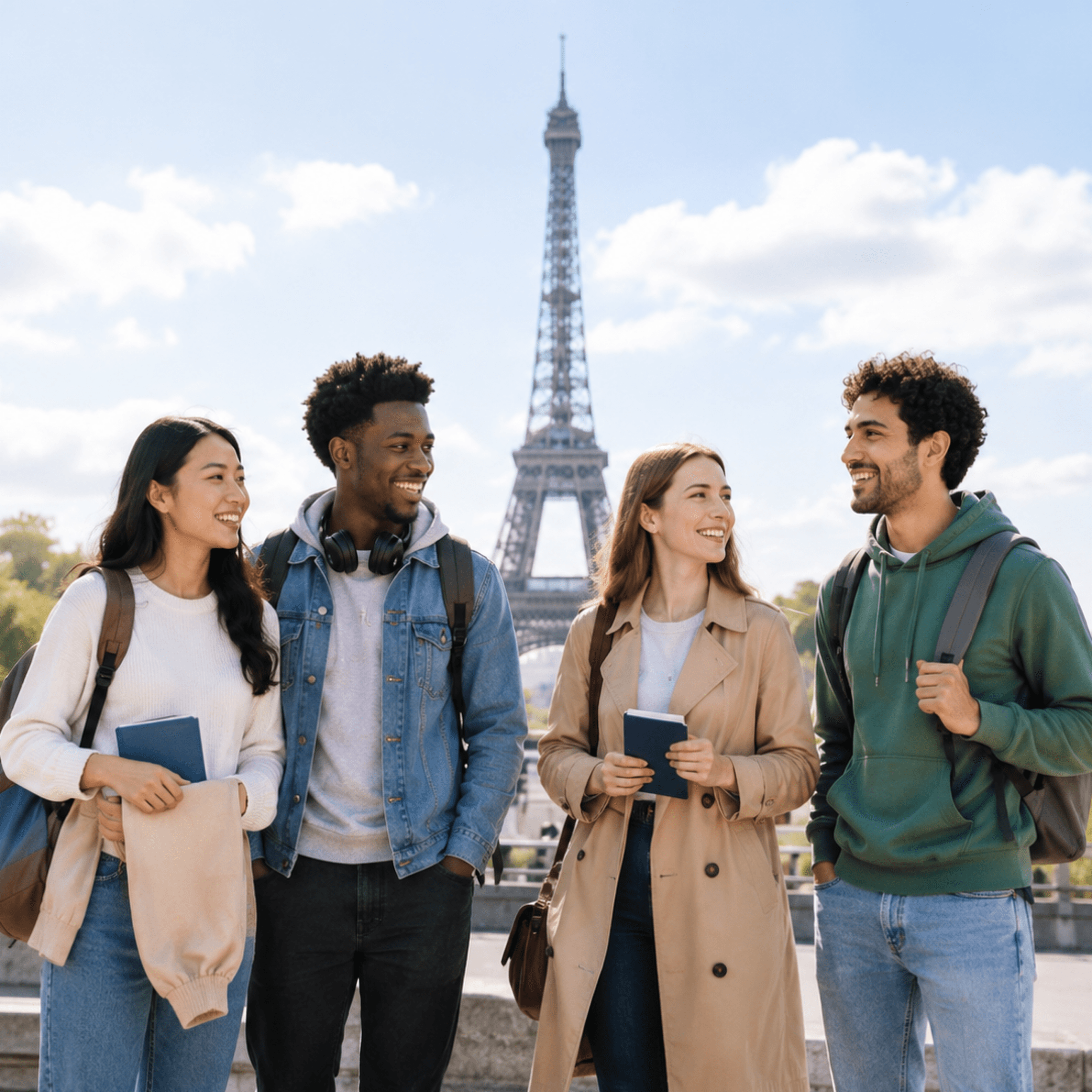 Groupe d’étudiants internationaux devant la tour Eiffel à Paris